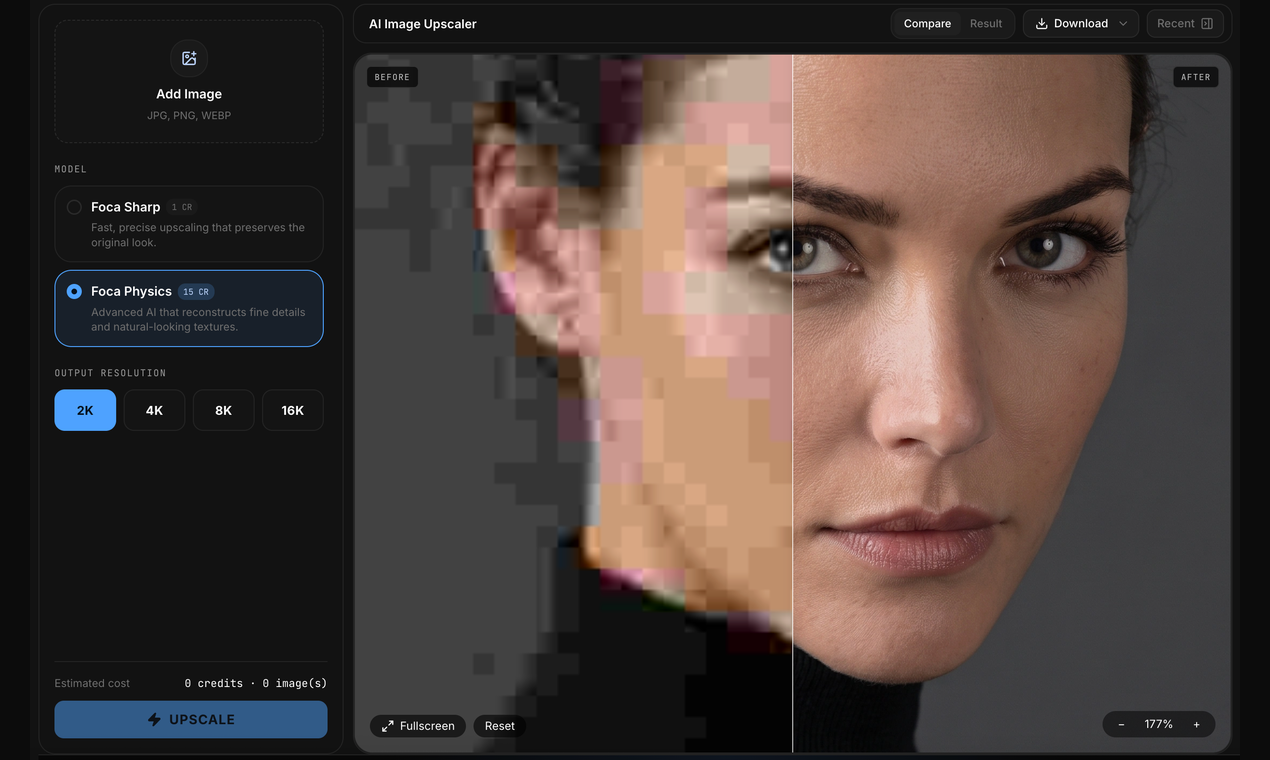 Foca Upscaler before-and-after preview Foca Upscaler interface with a before-and-after image enhancement preview